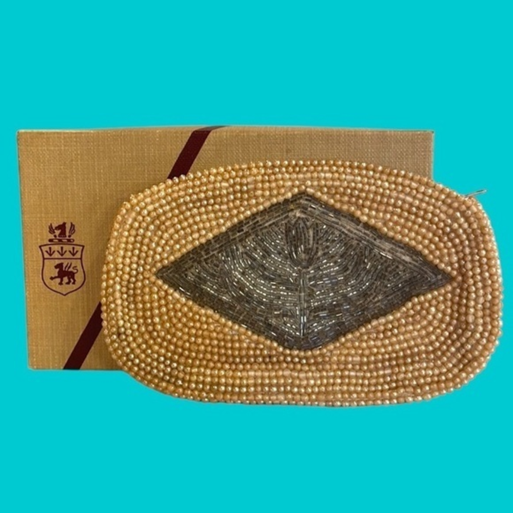 Vintage Gala Made In Spain‎ Beaded Cream Silver Clutch in Vintage Box
